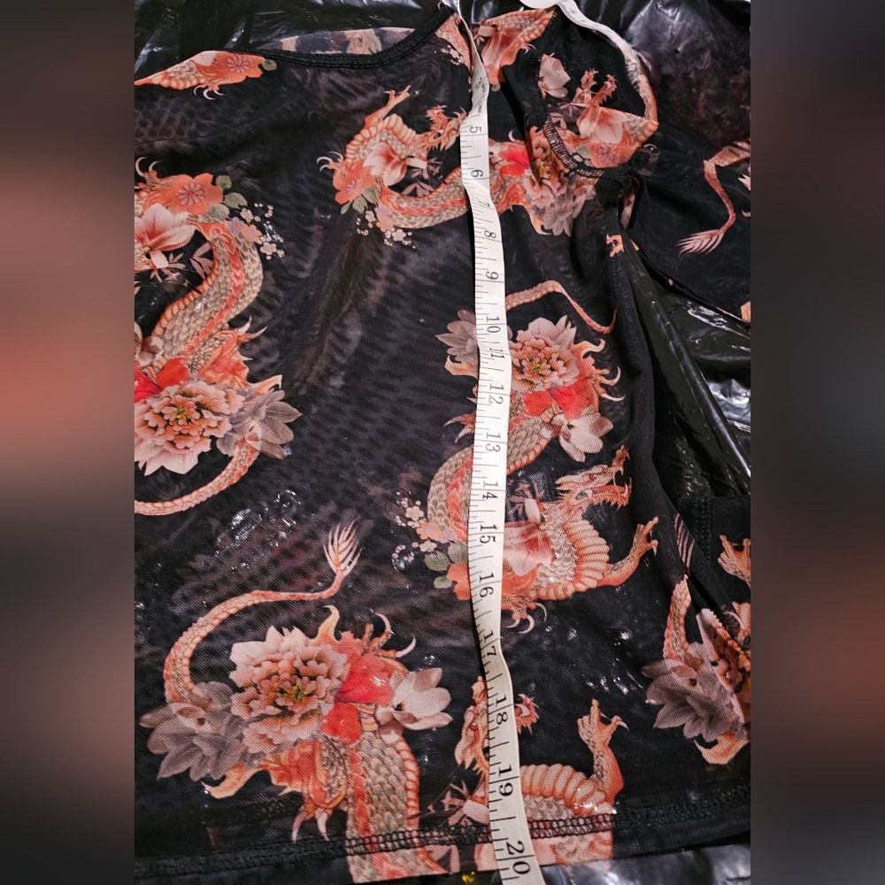 Sheer Black and Orange Dragon Print Top - Picture 5 of 6
